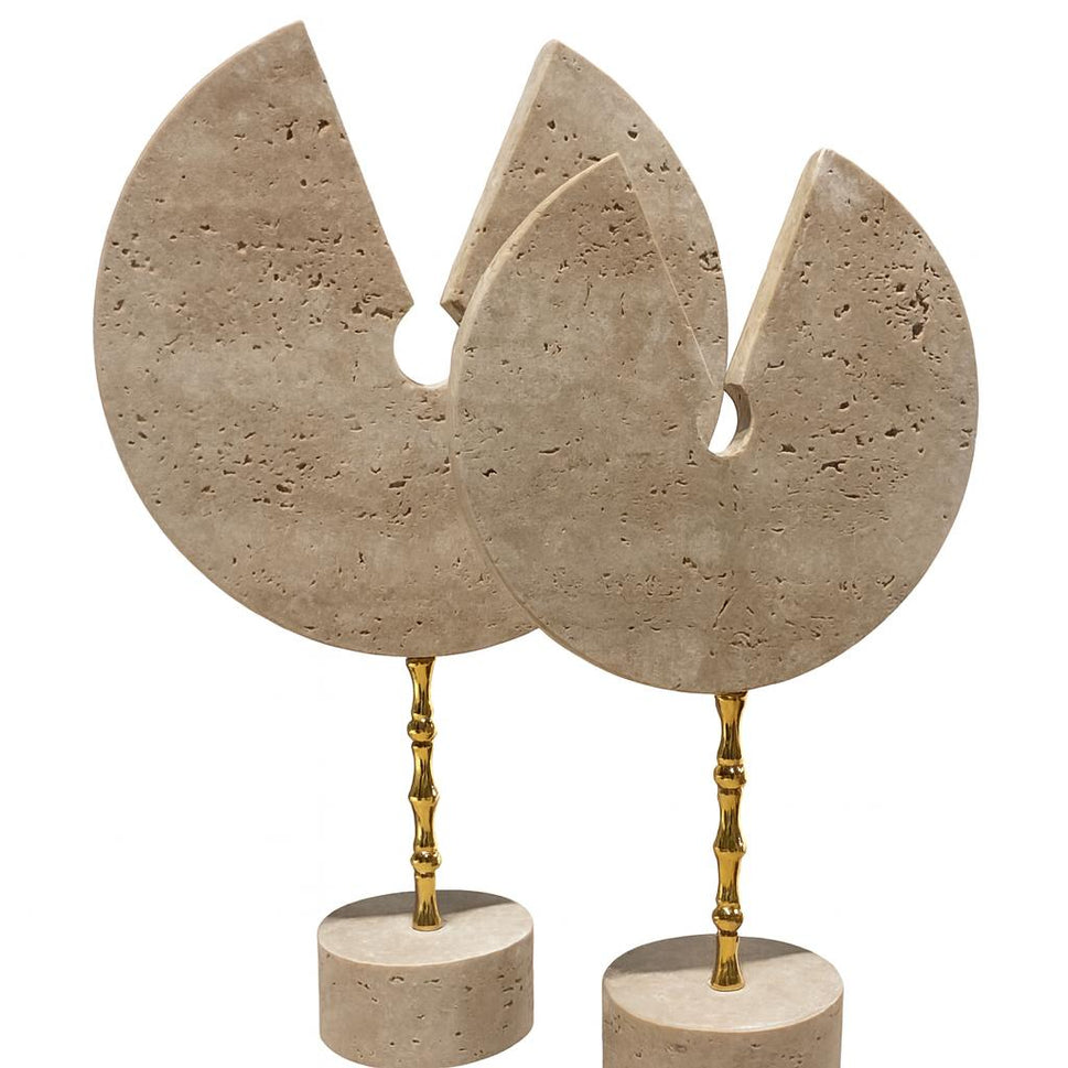 Travertine Disc Sculpture Pair on Brass Stems