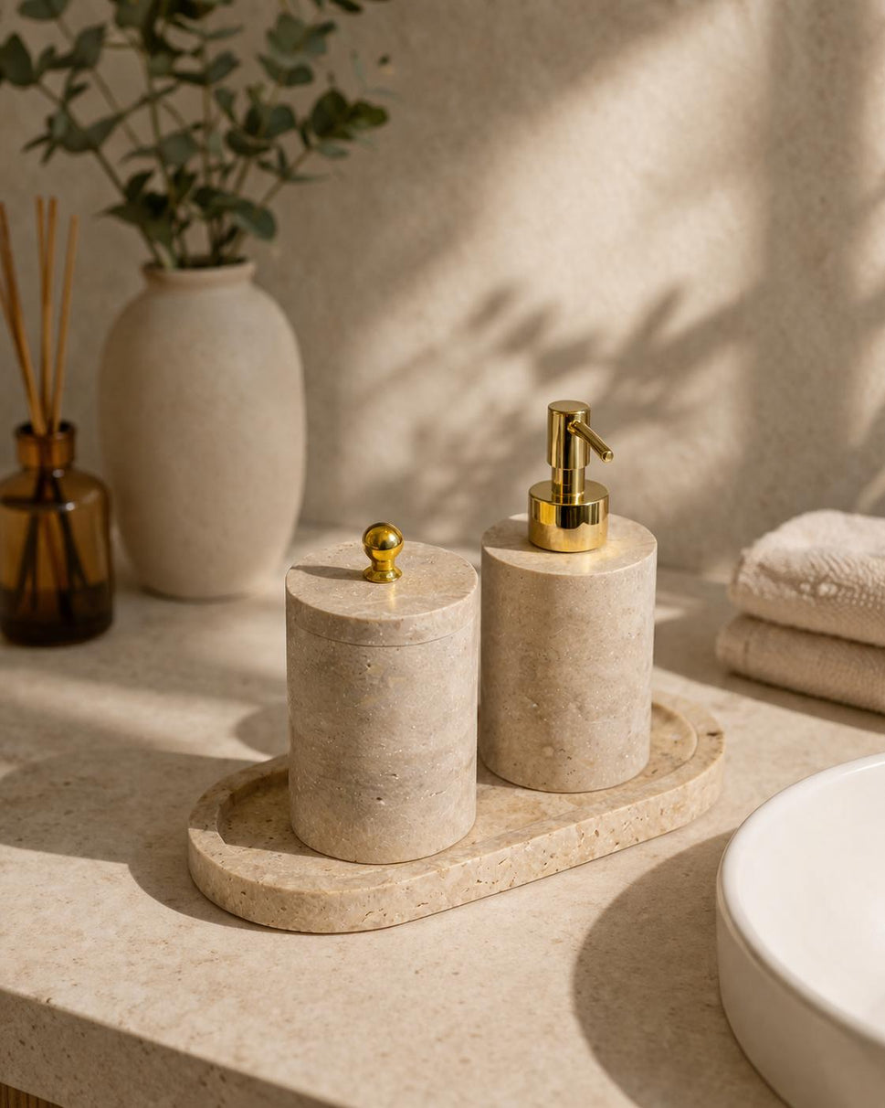 Travertine 3-Piece Bath Set with Oval Tray