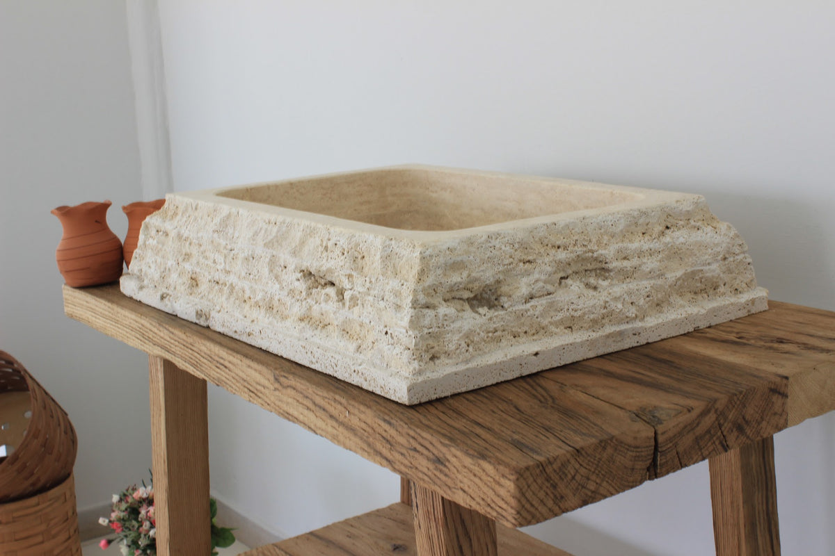 Hand-Carved Chiseled Travertine Vessel Sink – handcrafted natural stone, view 7