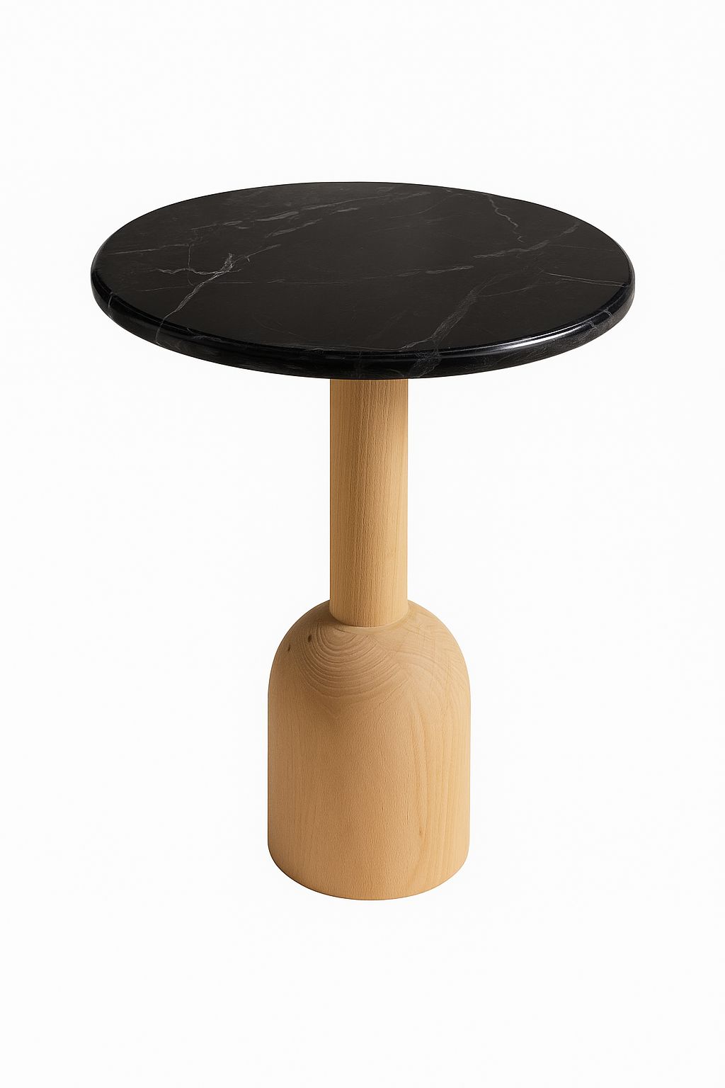 Black Marble Side Table with Wood Pedestal – handcrafted natural black marble