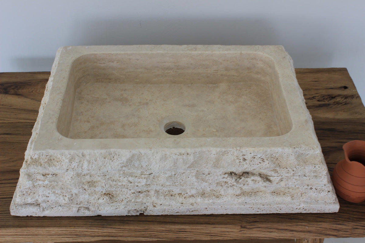 Hand-Carved Chiseled Travertine Vessel Sink – handcrafted natural stone, view 2