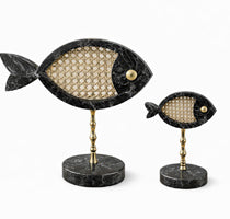 Black Marble Fish Pair with Rattan Inlay on Brass Stand