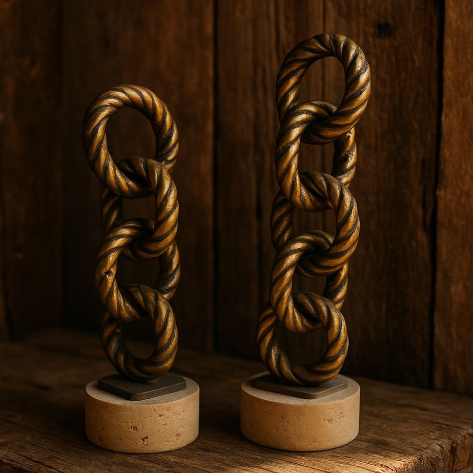 Brass Chain Link Sculptures on Travertine