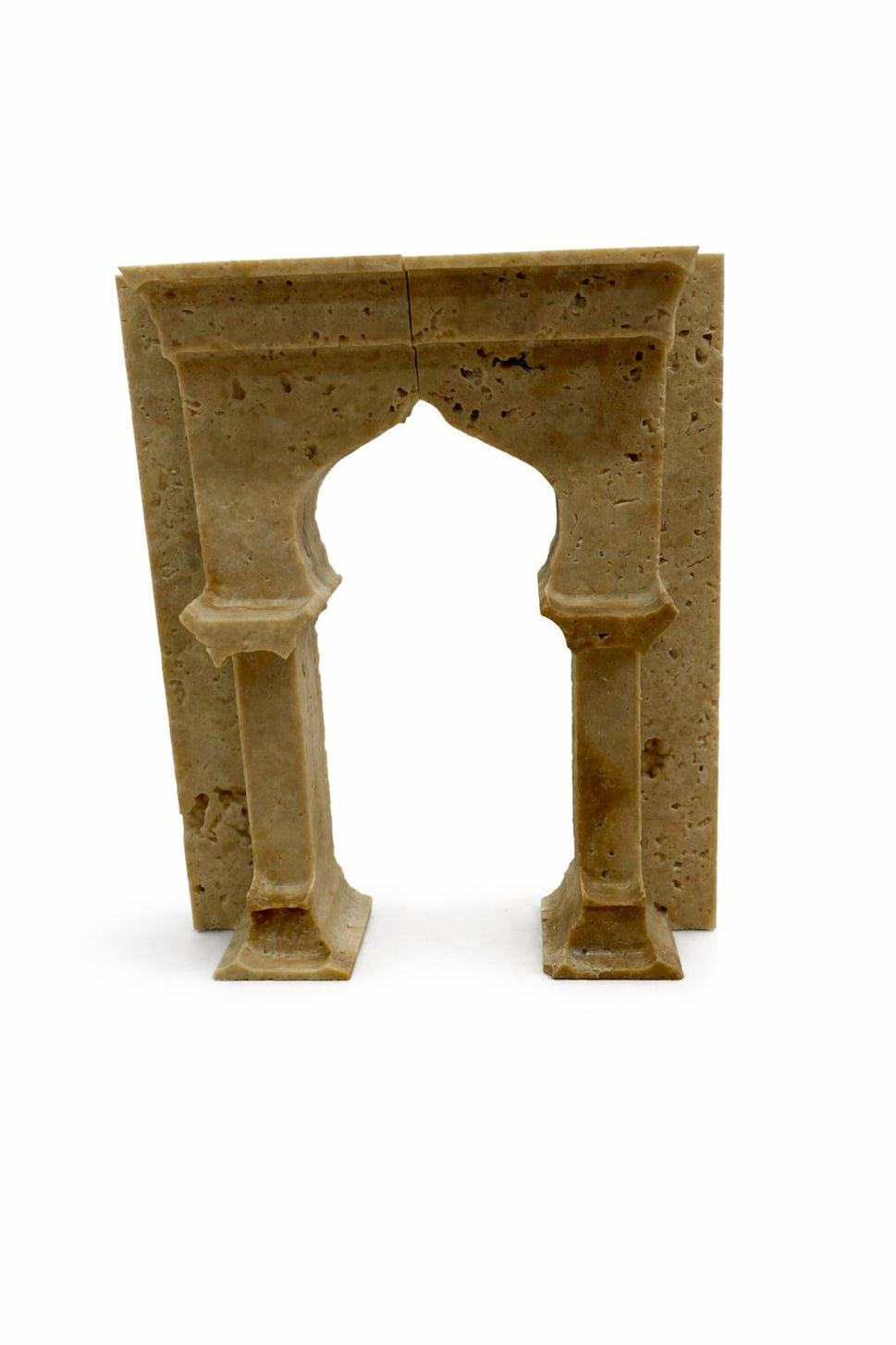 Travertine Arch Sculpture with Brass Figures