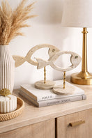 Switch Travertine Fish Pair with Rattan Inlay on Brass Stand – handcrafted natural beige travertine, view 3 3 image