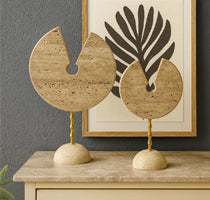 Travertine Disc Sculpture Pair on Brass Stems