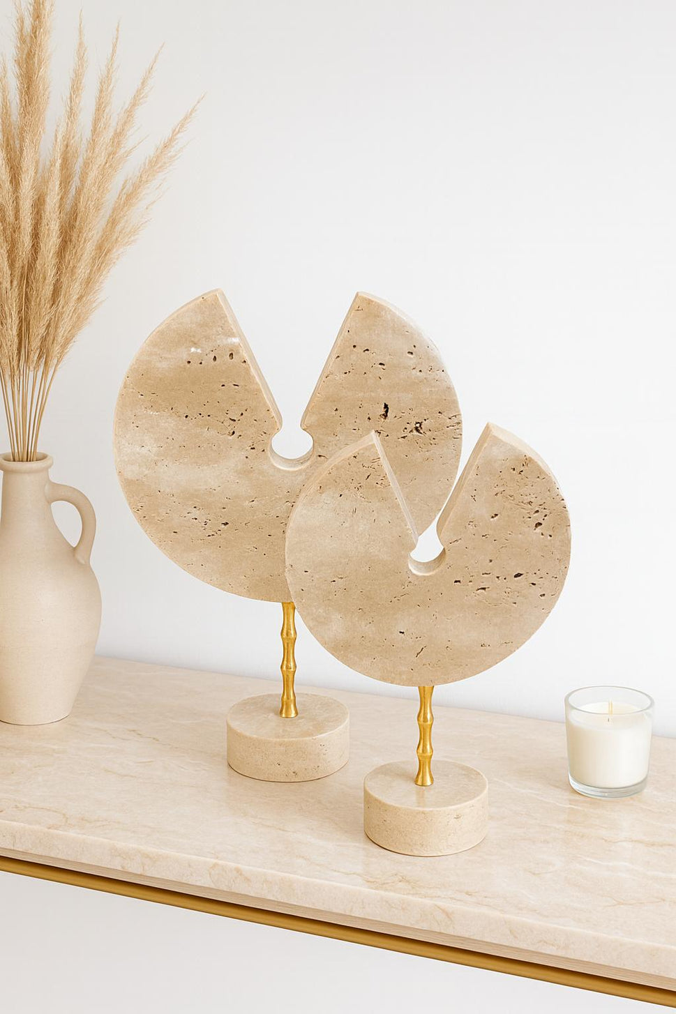 Travertine Disc Sculpture Pair on Brass Stems