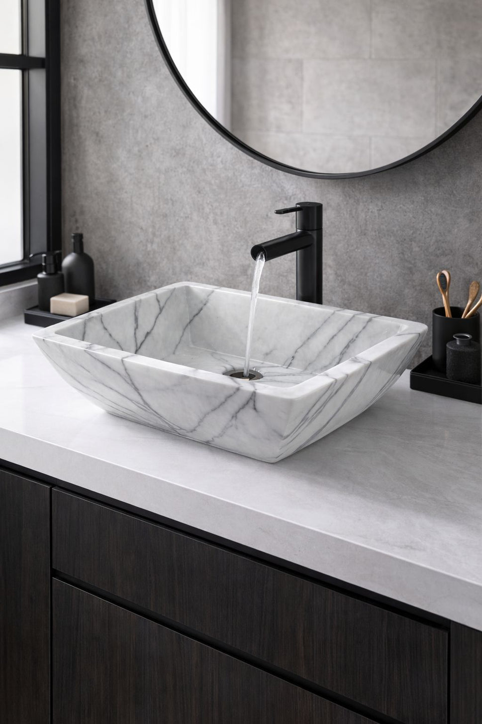 White Marble Rectangular Vessel Sink
