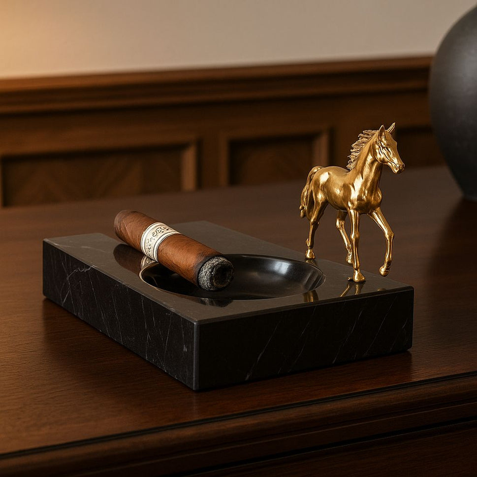 Black Marble Cigar Ashtray with Brass Figure