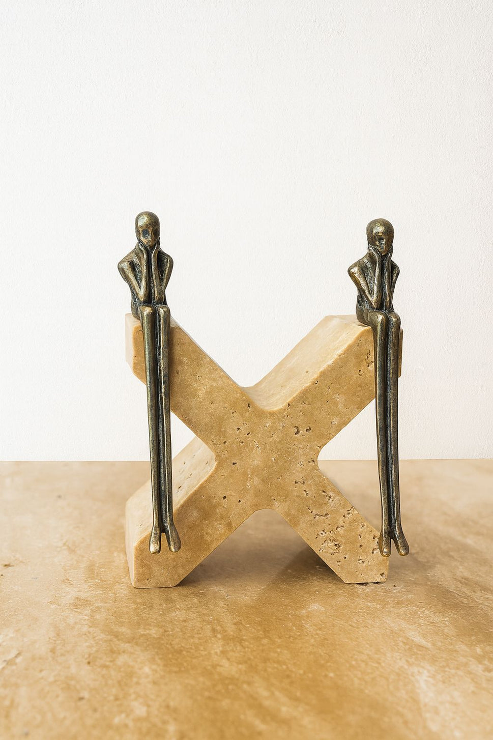 Brass Figures on Travertine X Sculpture