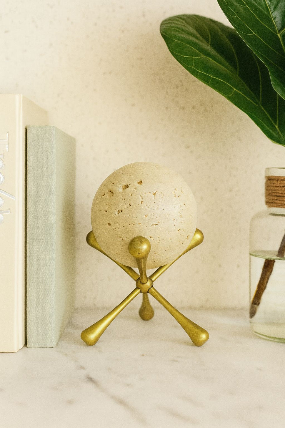 Travertine Sphere on Brass Stand