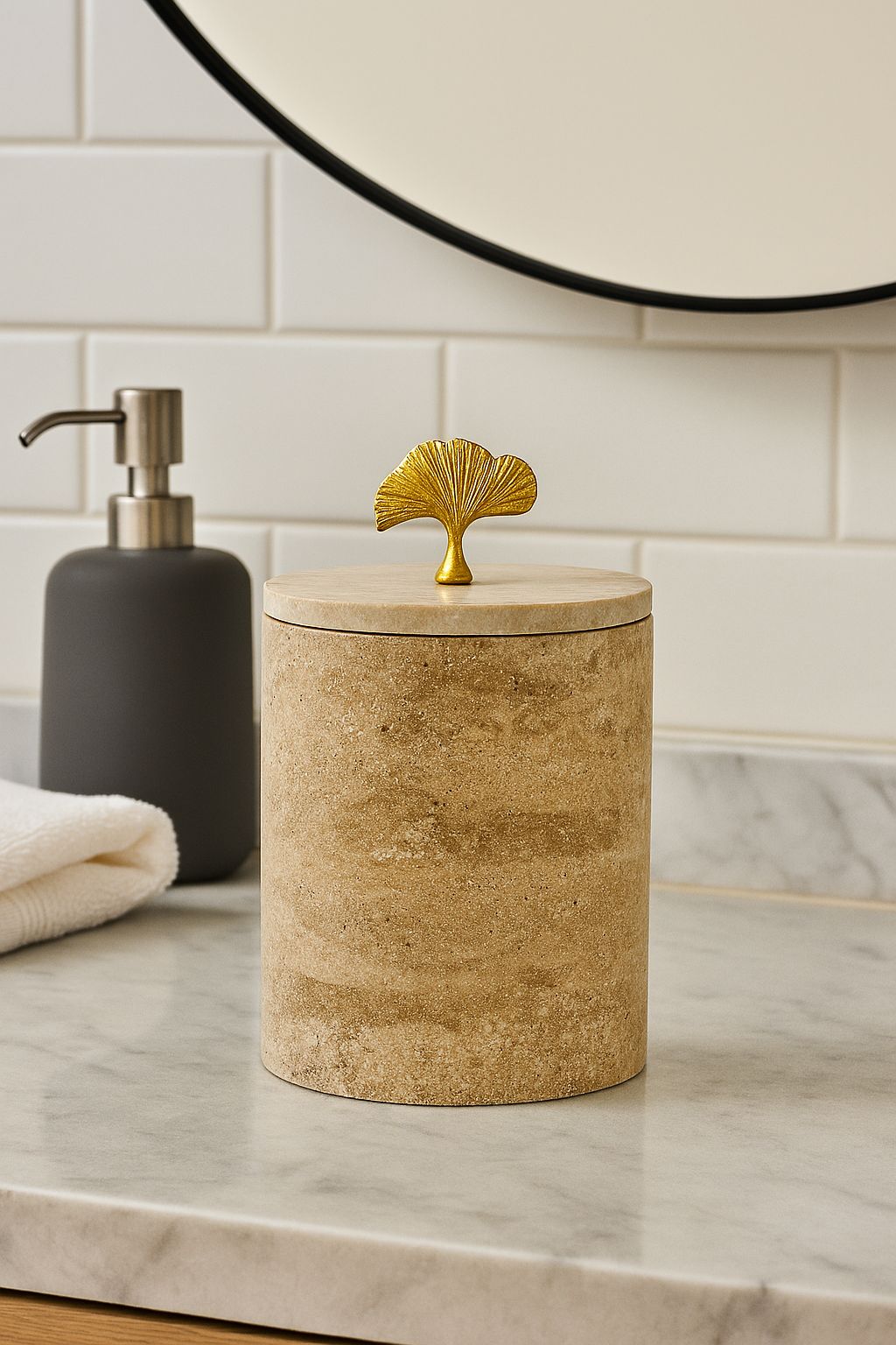 Travertine Canister with Brass Topper – handcrafted natural stone, view 8
