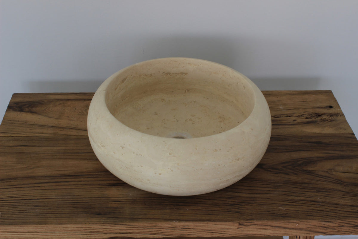 Hand-Carved Zen Pebble Limestone Vessel Sink – Round Matte Cream Natural Stone Basin