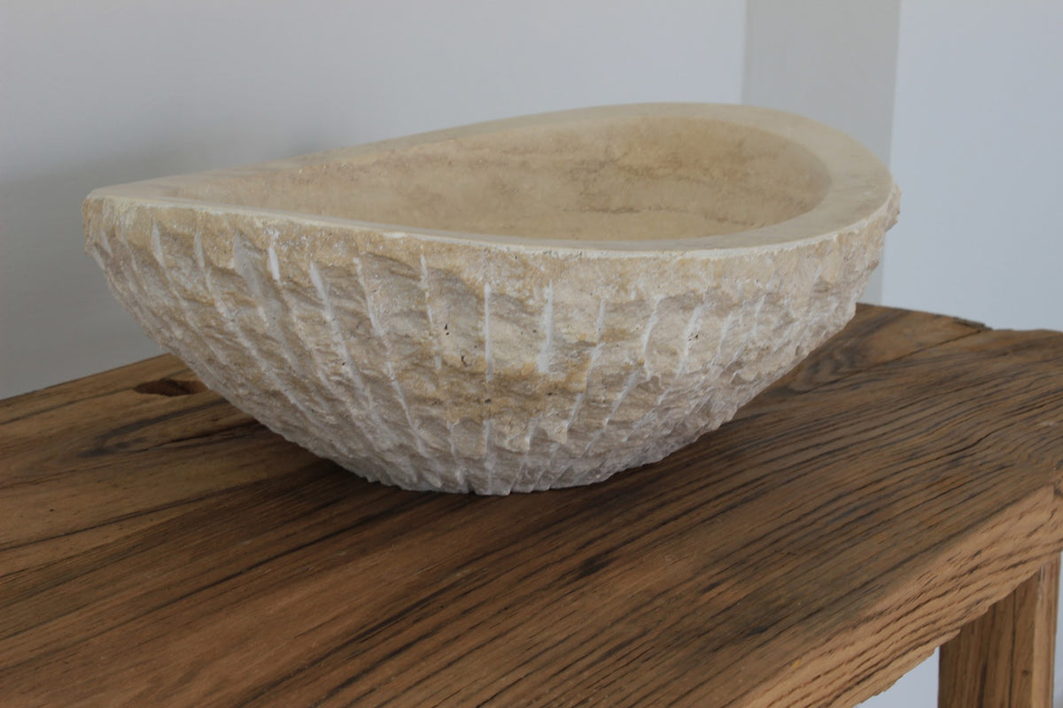 Hand-Carved Raw Chiseled Travertine Vessel Sink – Oval Organic Natural Stone Basin