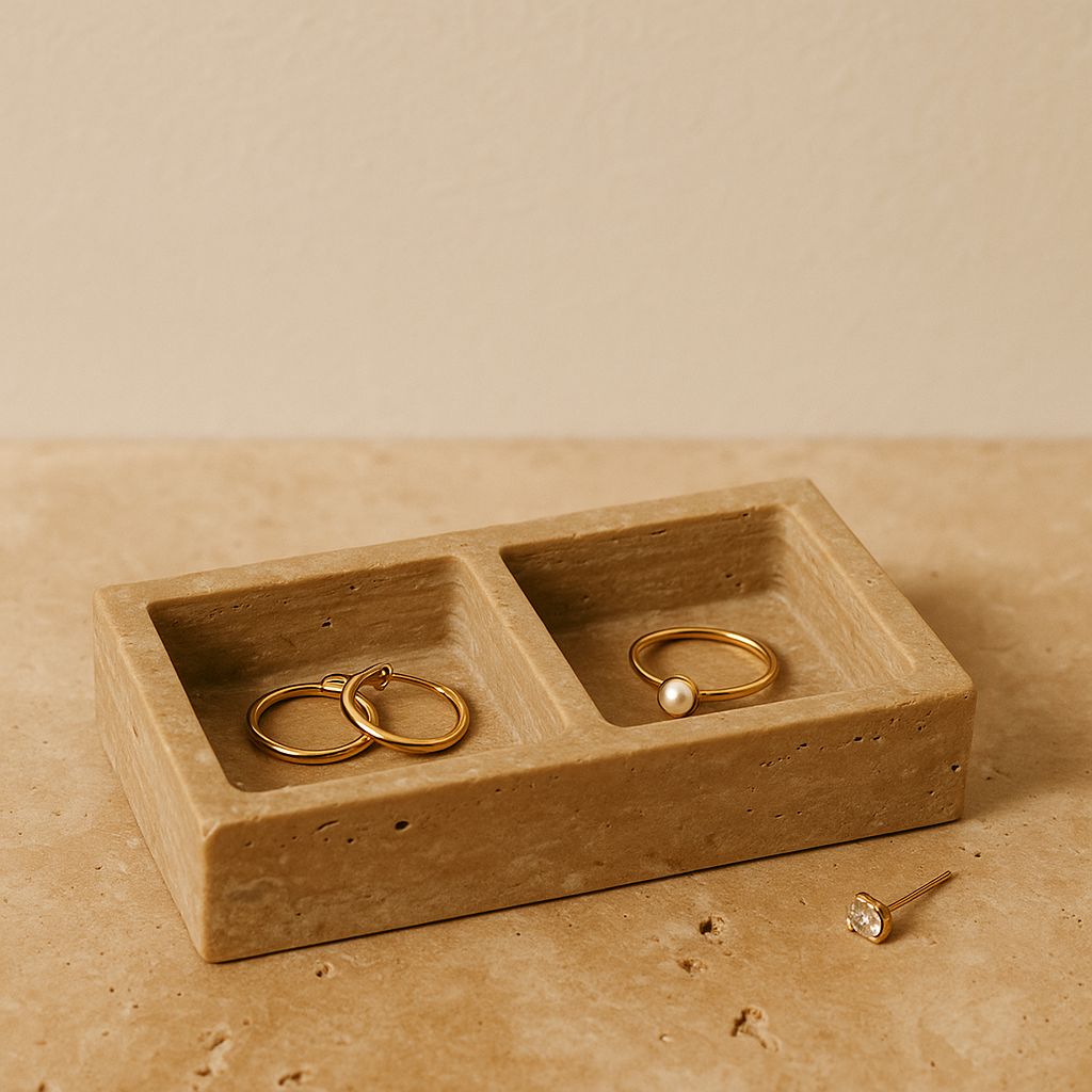 Travertine Two-Compartment Ring Dish – handcrafted natural beige travertine