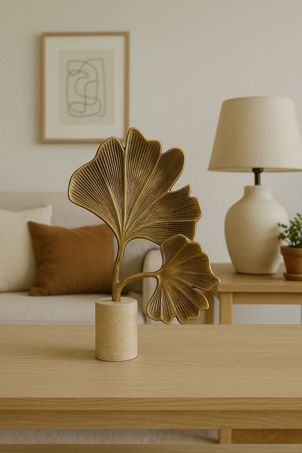 Brass Ginkgo Leaf Sculpture on Travertine