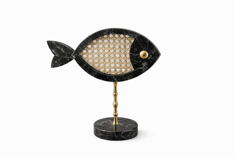 Black Marble Fish Pair with Rattan Inlay on Brass Stand