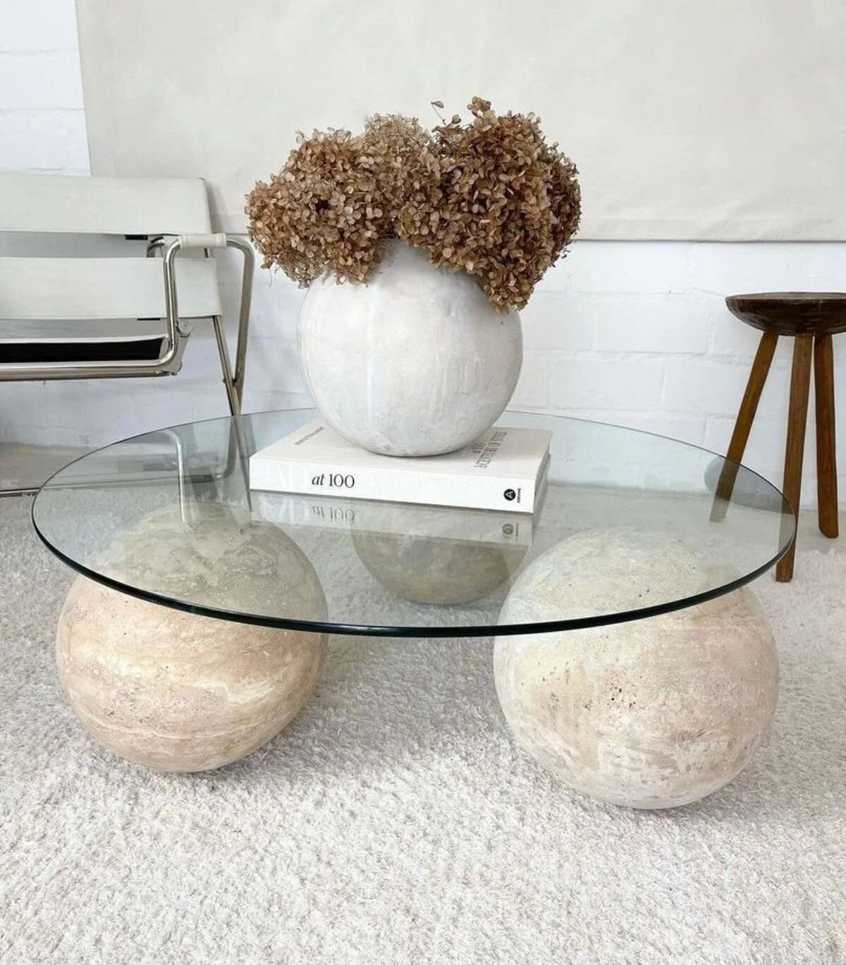 Round Glass Coffee Table on Travertine Spheres – handcrafted natural beige travertine, view 2