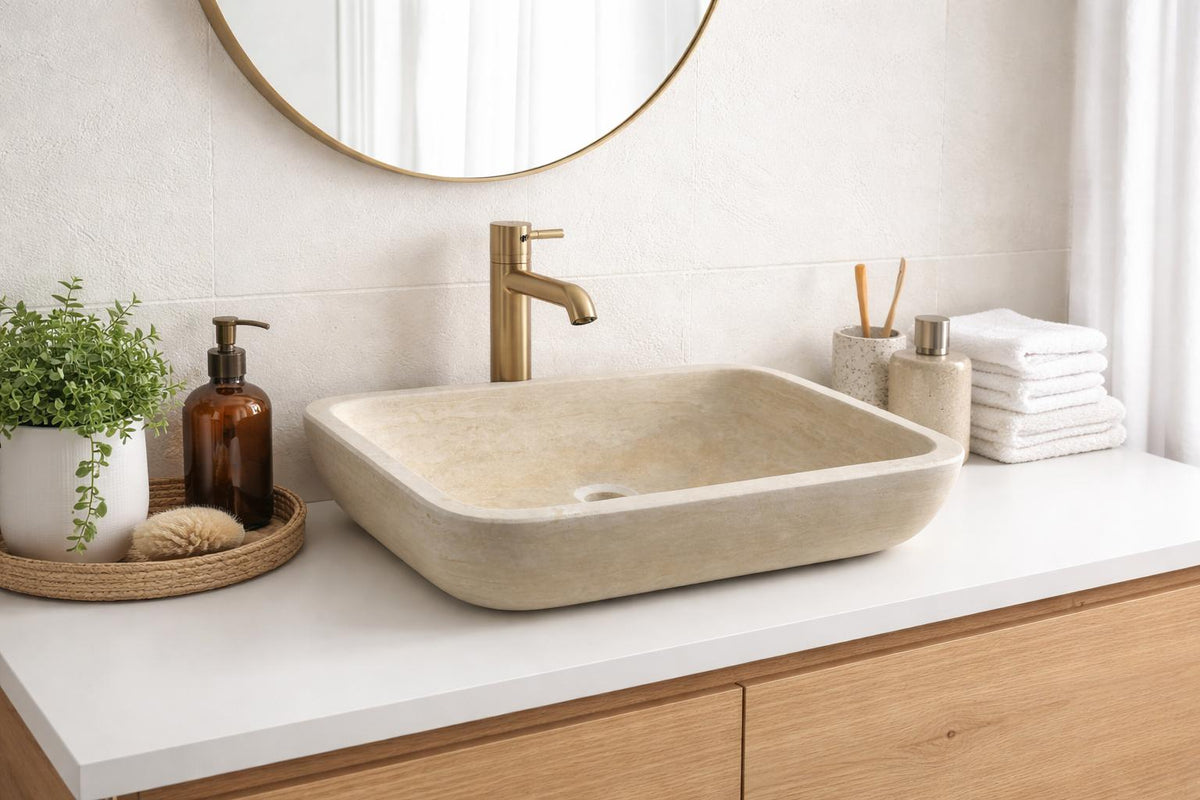 Beige Stone Rectangular Vessel Sink – handcrafted natural beige travertine, view 2