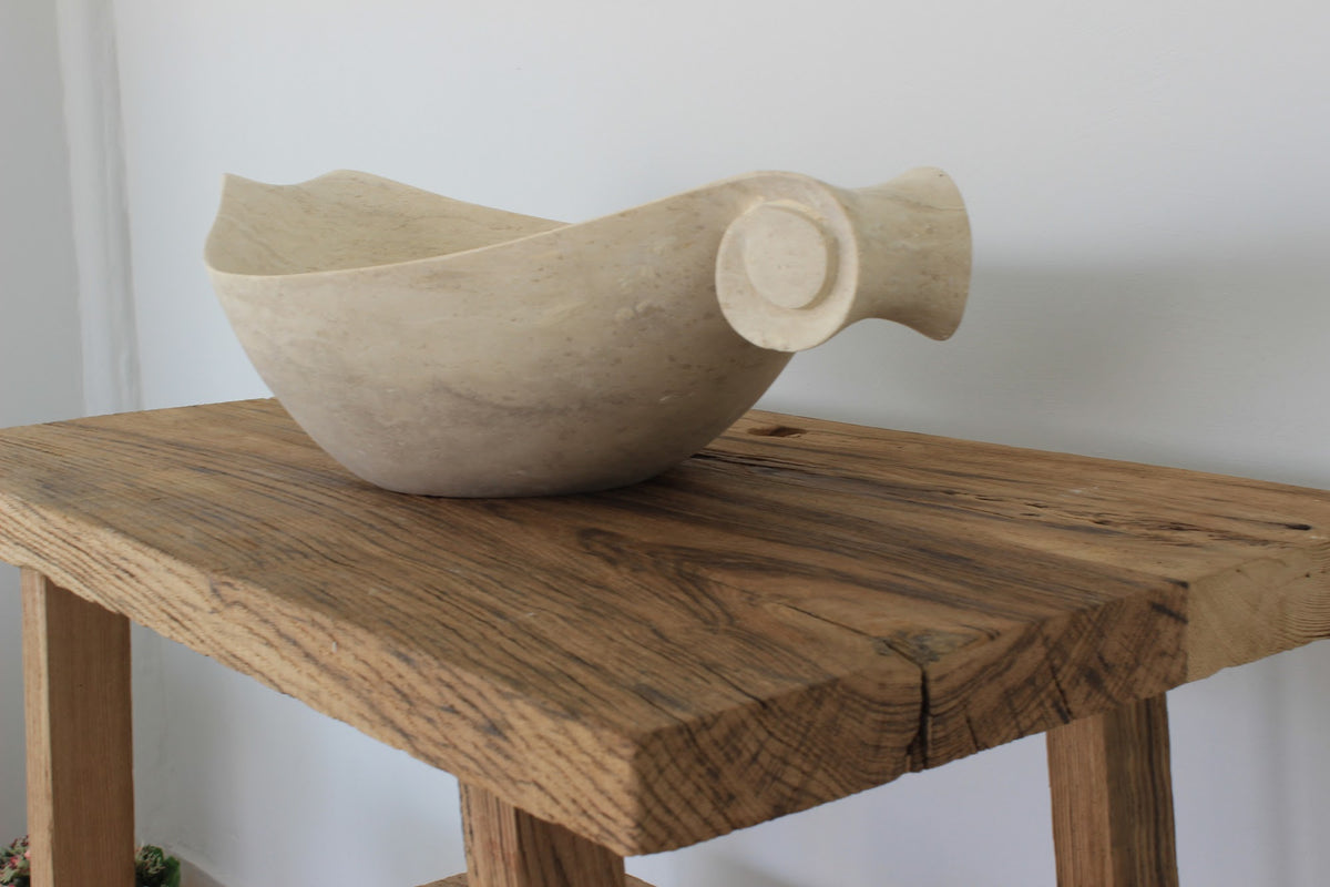 Scroll-Edge Beige Travertine Vessel Sink - Hand-Carved Sculptural Basin