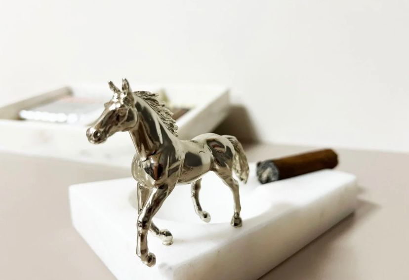 White Marble Cigar Ashtray with Silver Horse