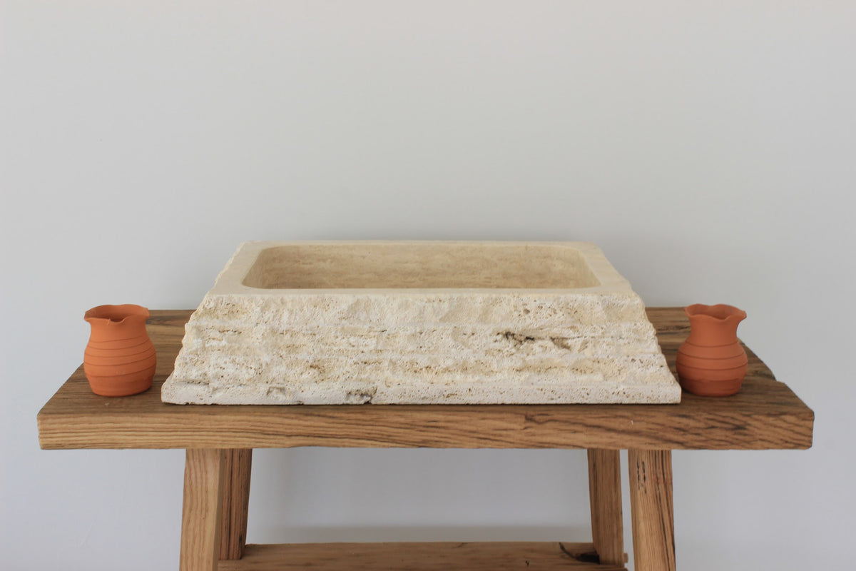 Hand-Carved Chiseled Travertine Vessel Sink – Rectangular Rock-Face Natural Stone Basin