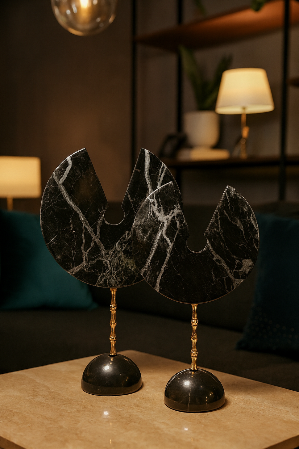 Black Marble Lotus Disc Sculpture Pair