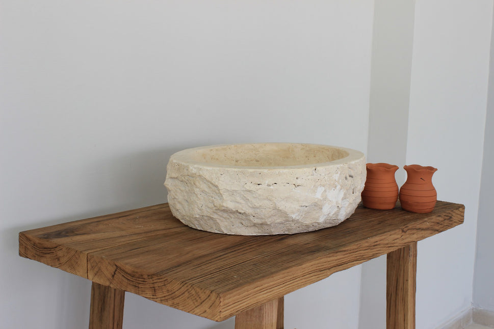Hand-Carved Chiseled Travertine Vessel Sink – Round Rock-Face Natural Stone Basin