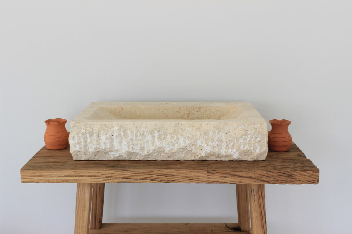 Hand-Carved Rustic Chiseled Travertine Vessel Sink – Rectangular Rock-Face Natural Stone Basin