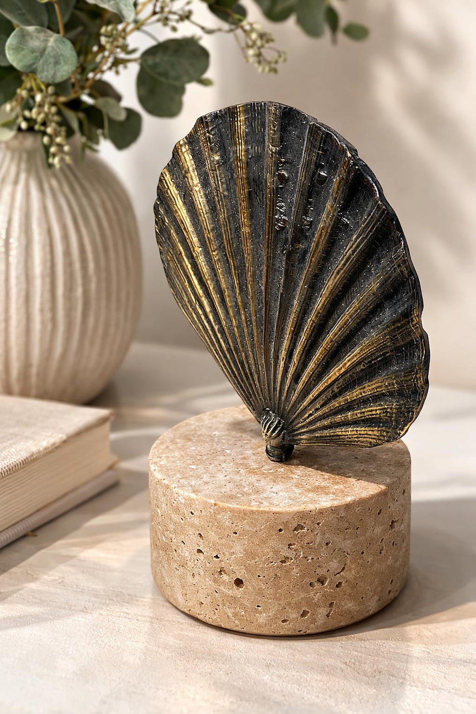 Brass Scallop Shell Sculpture on Travertine Base