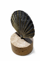 Switch Brass Scallop Shell Sculpture on Travertine Base – handcrafted natural beige travertine, view 3 3 image