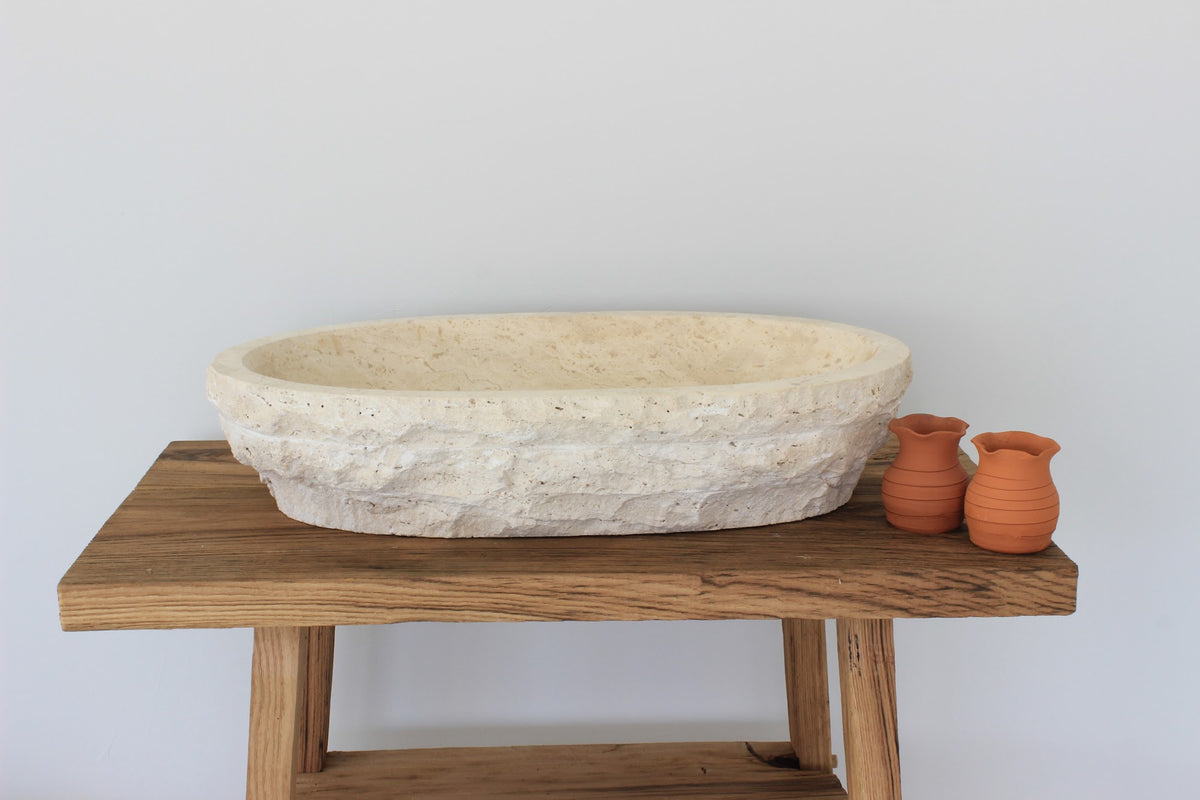 Solid Travertine Oval Vessel Sink - Hand-Chiseled Raw Exterior Basin