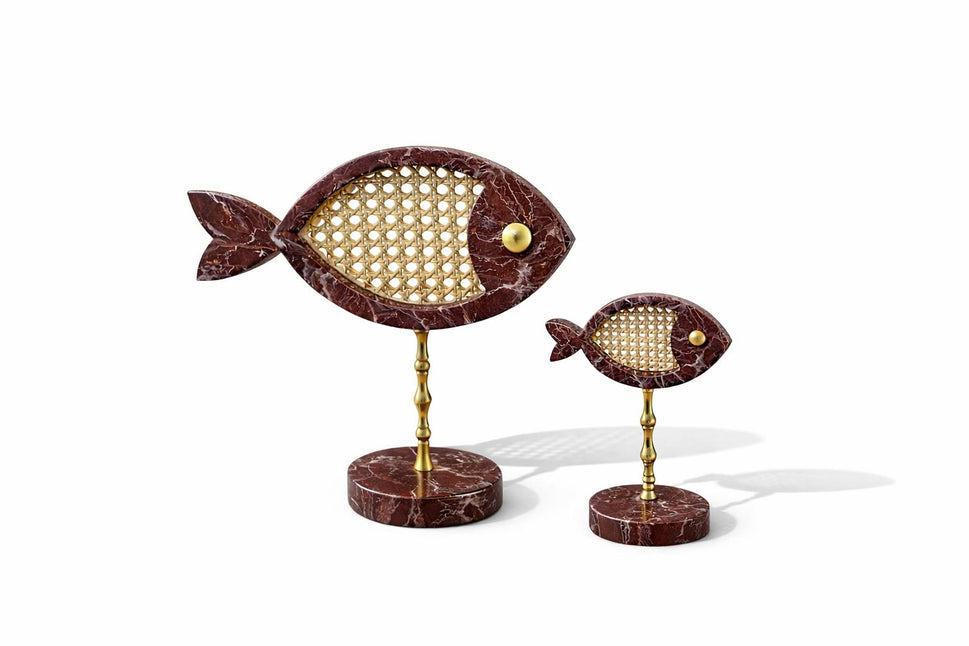 Red Marble Fish Pair with Rattan Inlay on Brass Stand