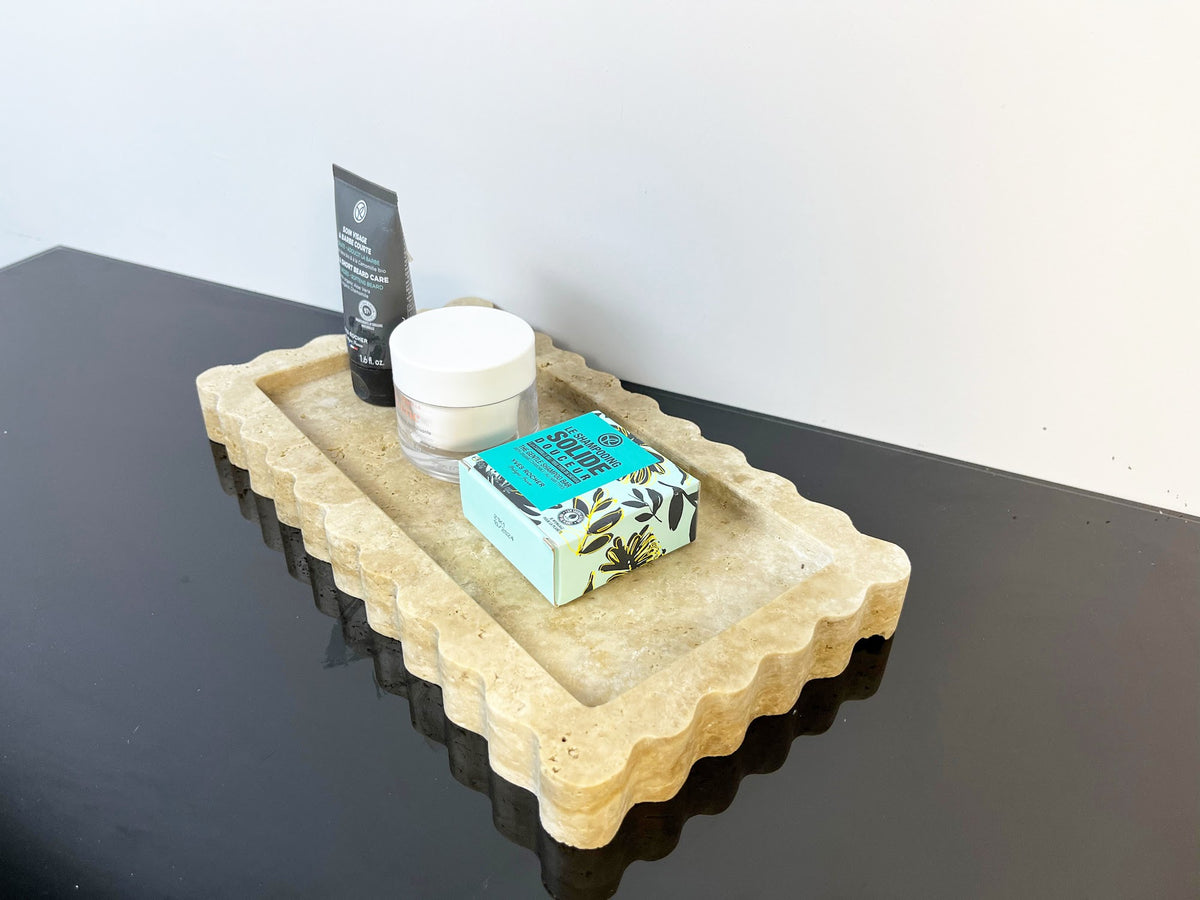 Scalloped Rectangular Travertine Vanity Tray – handcrafted natural beige travertine, view 11