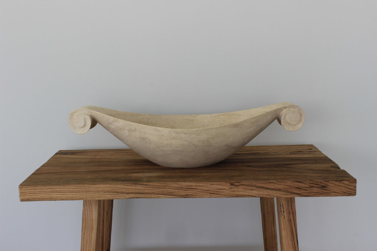 Scroll-Edge Beige Travertine Vessel Sink - Hand-Carved Sculptural Basin
