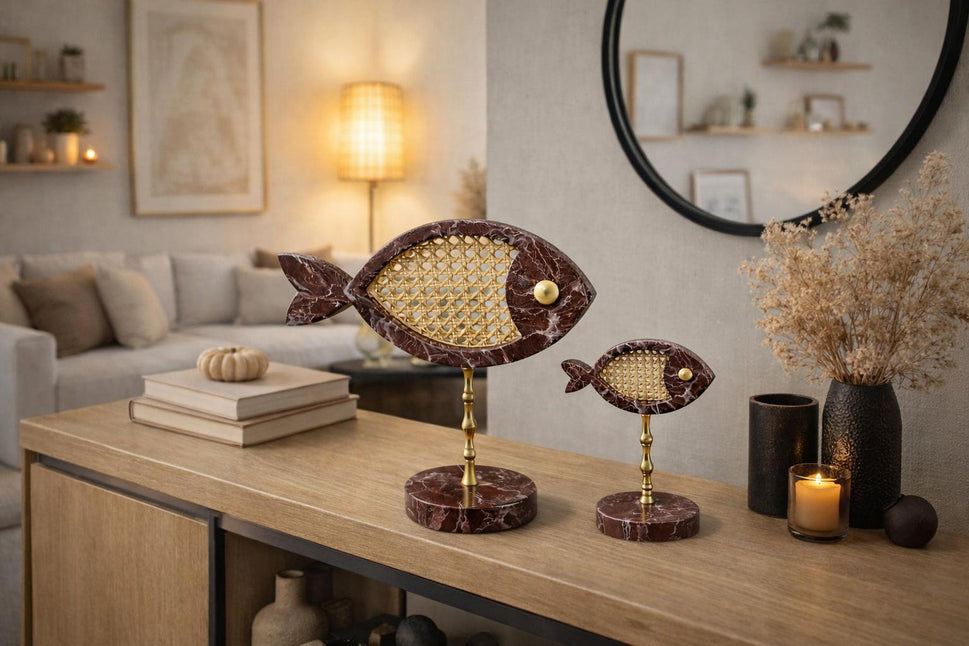 Red Marble Fish Pair with Rattan Inlay on Brass Stand