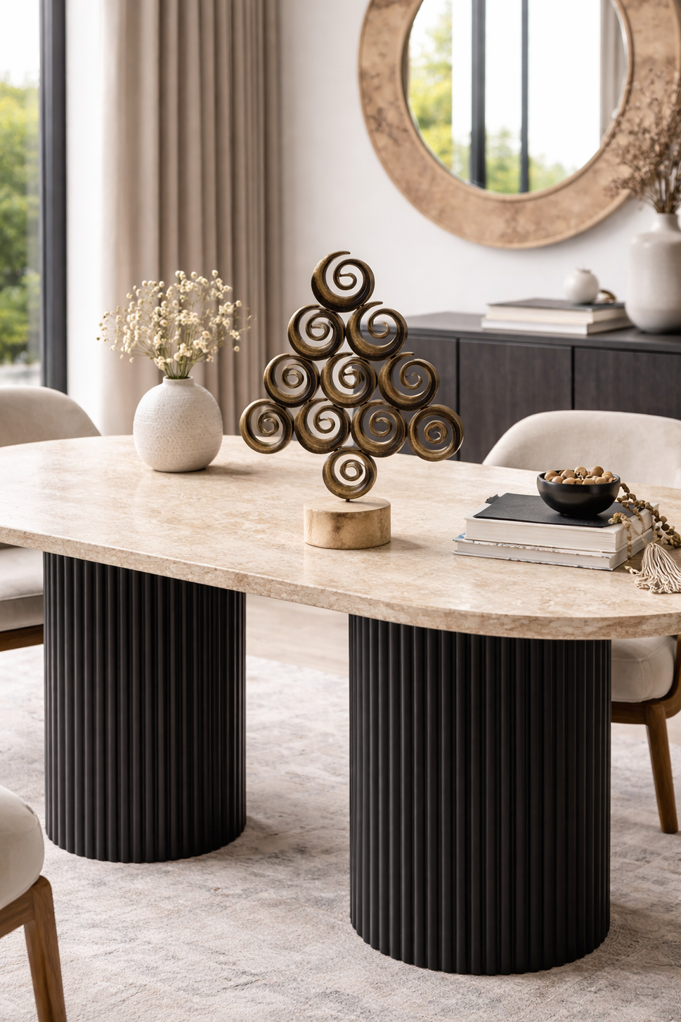 Travertine Oval Dining Table with Black Fluted Legs