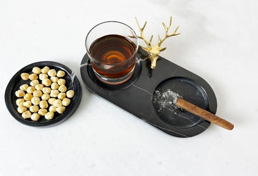 Black Marble Cigar and Whiskey Tray with Brass Deer