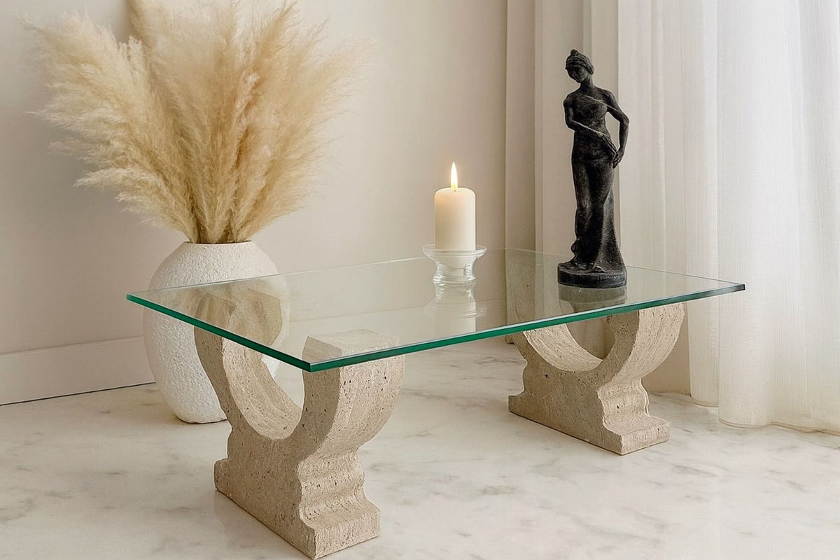 Glass Coffee Table on Travertine Wave Bases