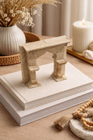 Switch Travertine Arch Sculpture with Brass Figures – handcrafted natural beige travertine, view 2 2 image