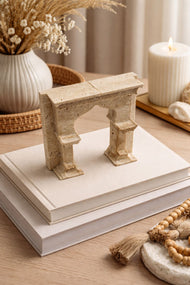 Travertine Arch Sculpture with Brass Figures