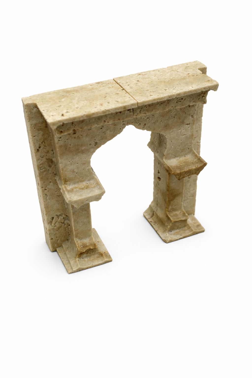 Travertine Arch Sculpture with Brass Figures – handcrafted natural beige travertine