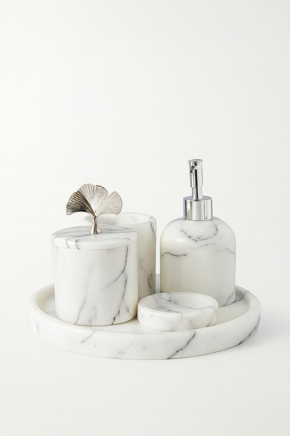 White Marble Bathroom Set with Round Tray