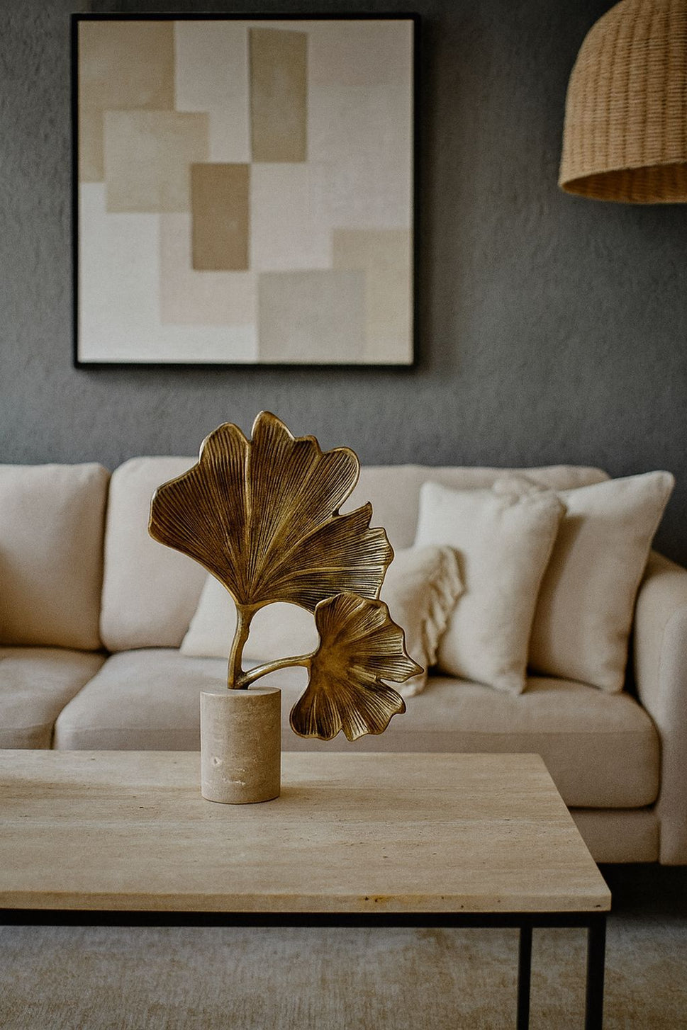 Brass Ginkgo Leaf Sculpture on Travertine