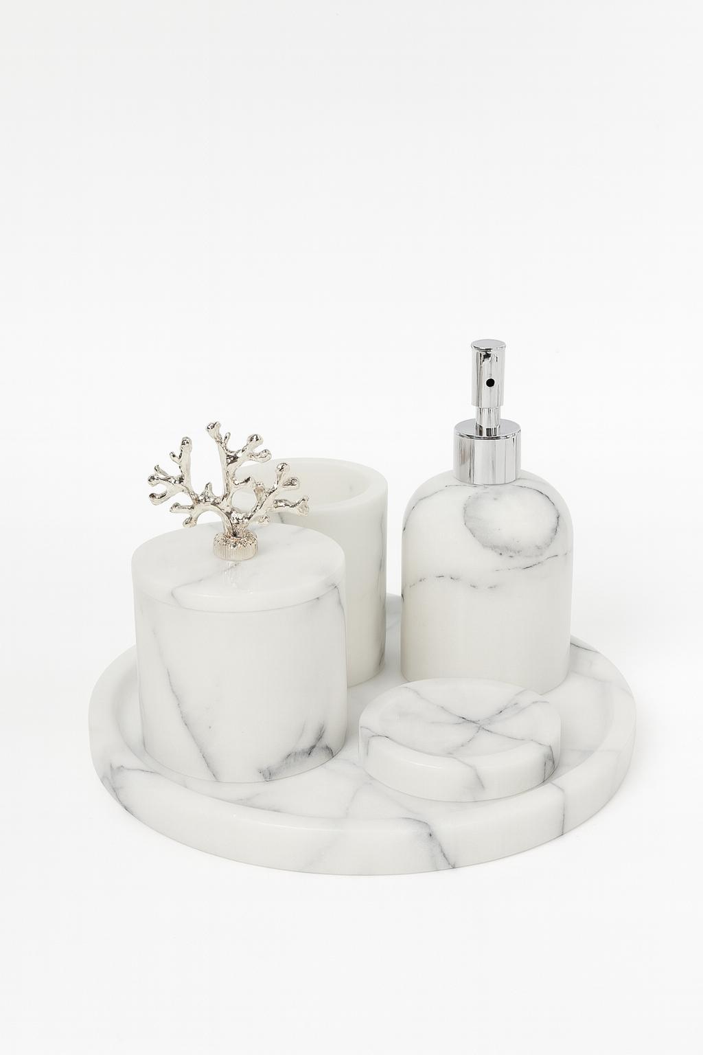 White Marble Bathroom Set with Round Tray