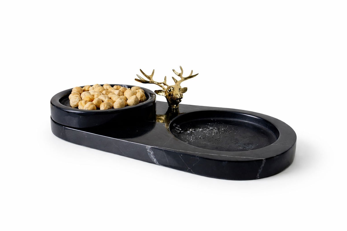 Black Marble Cigar and Whiskey Tray with Brass Deer – handcrafted natural black marble