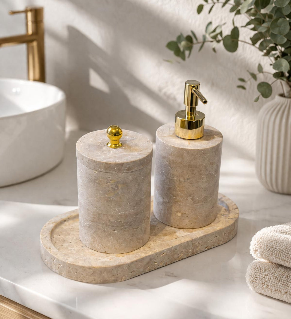 Travertine 3-Piece Bath Set with Oval Tray