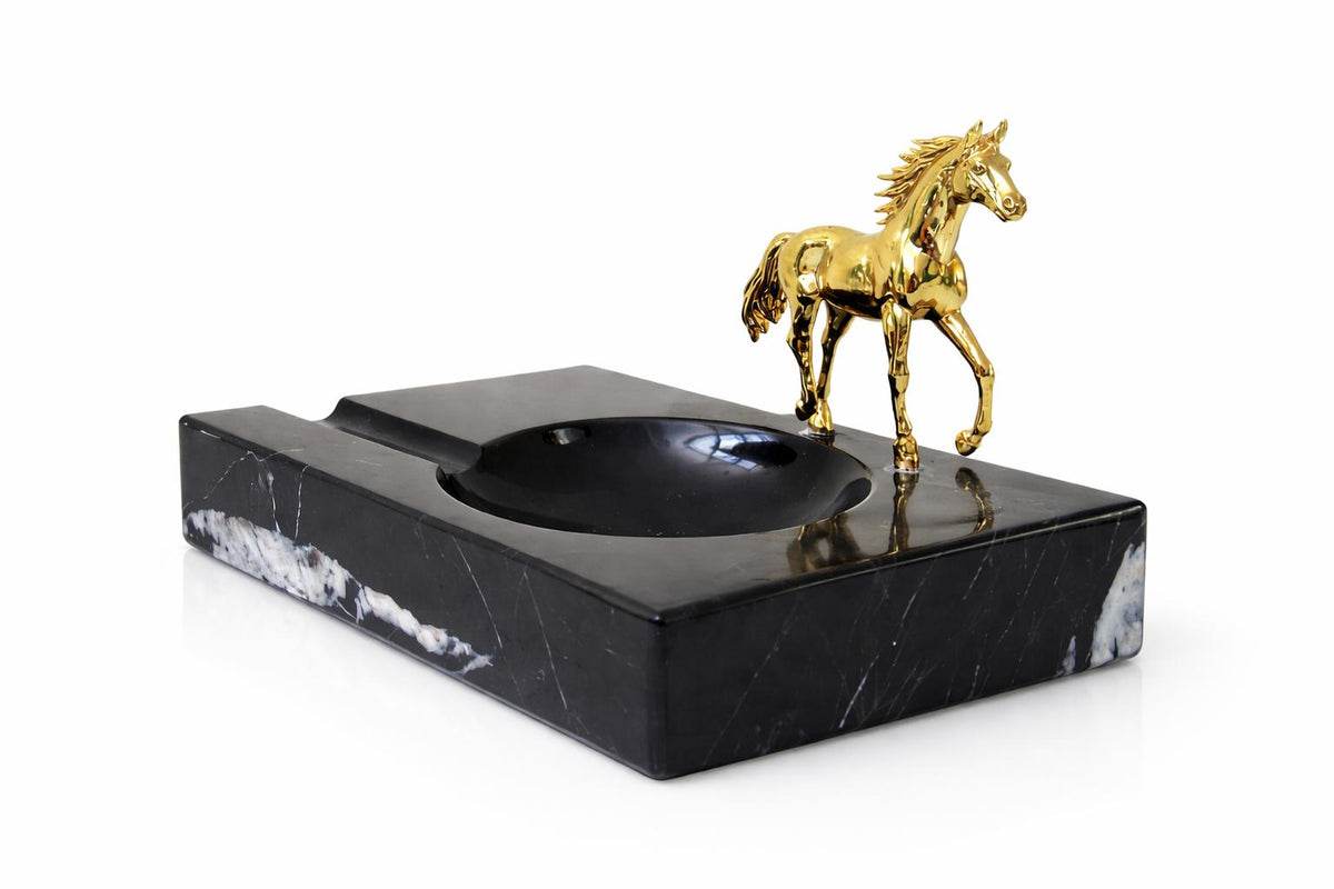 Black Marble Cigar Ashtray with Brass Figure – handcrafted natural stone, view 9