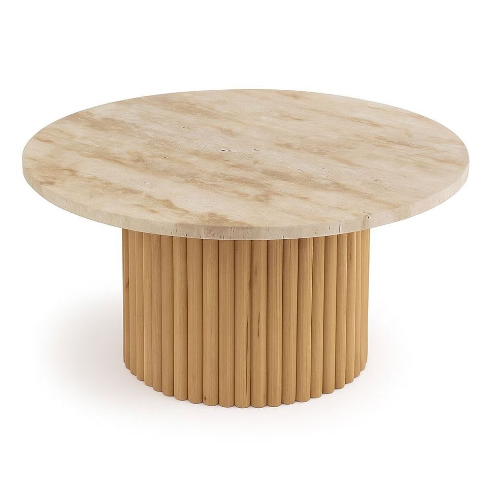Round Travertine Coffee Table with Fluted Wood Base