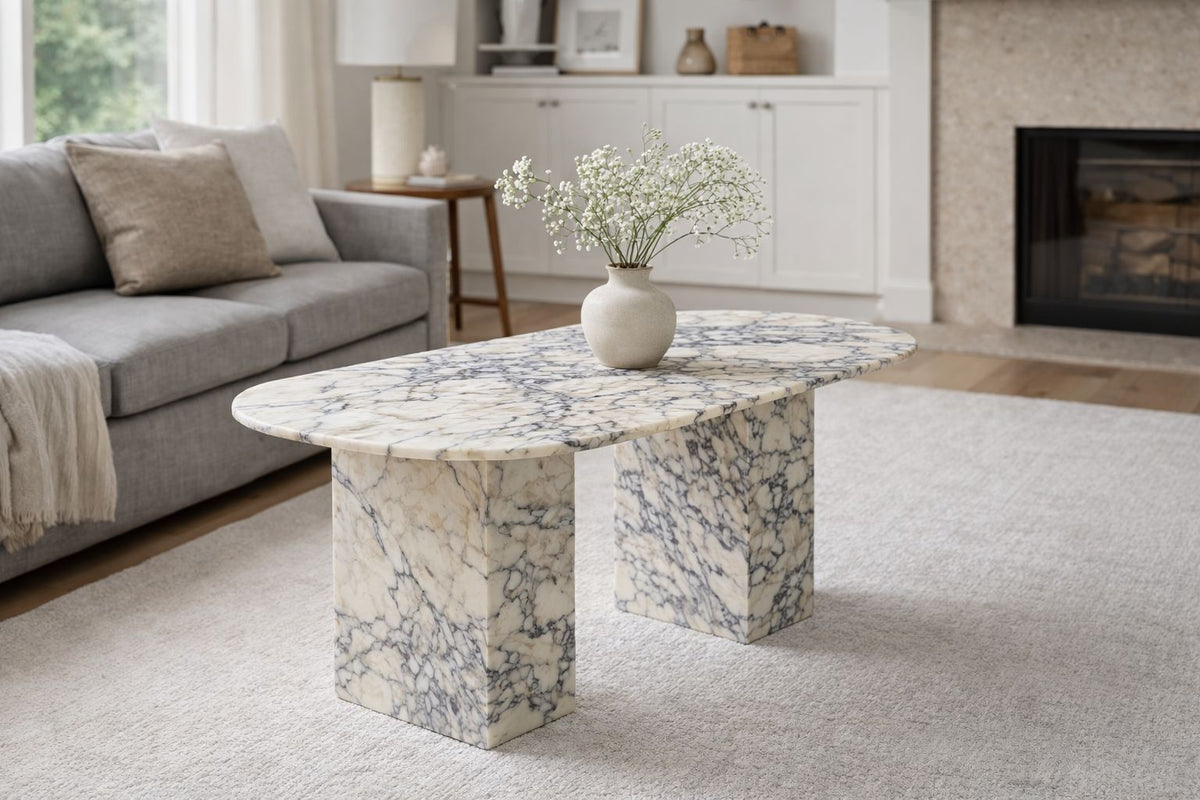 Blue-Veined Marble Coffee Table with Block Legs – handcrafted natural white marble, view 2